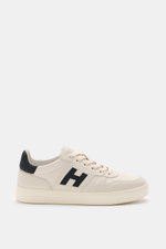 Hogan Sneaker 'Allacciato Banda' sand/navy seitlich fotografiert, Glattleder, Veloursleder-Overlays, H-Logo, Memory-Foam-Fußbett, flexible Gummisohle.