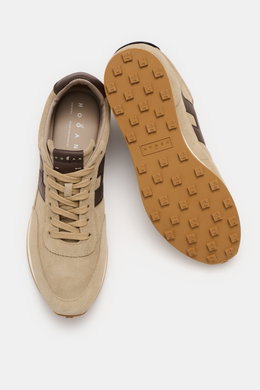 Hogan Sneaker 'Allacciato' taupe/dark brown shown from top and bottom views, featuring suede leather, seven-eyelet lacing, logo patch on tongue, high padded collar, H-shaped brand initial, leather lining, memory foam footbed, and flexible rubber sole. Wal