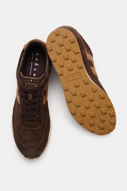 Hogan Sneaker 'Allacciato' braun/hellbraun, Veloursleder und Textil, Memory-Foam-Fußbett, sieben-Loch-Schnürung, gepolsterter Schaftrand, flexible Gummisohle, von oben fotografiert.