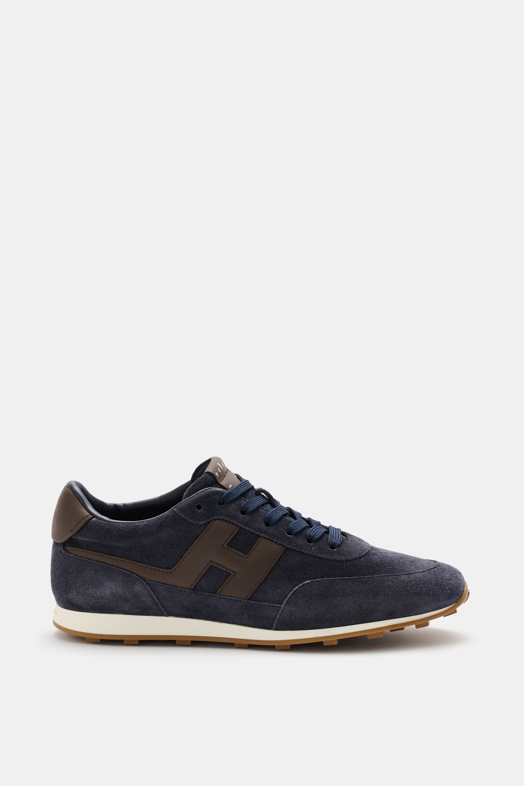 Hogan Sneakers 'Allacciato' navy/dark brown shown from side view, suede and fabric, seven-eyelet lacing, tongue with logo print, high padded topline, H-shaped brand initial, textile lining, memory foam footbed, flexible rubber sole, sporty classic for cas