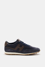 Hogan Sneaker 'Allacciato' navy/dunkelbraun seitlich fotografiert, Veloursleder, Textil, 7-Loch-Schnürung, gepolsterter Schaftrand, Memory-Foam-Fußbett, flexible Gummisohle.