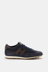 Hogan Sneaker 'Allacciato' navy/dunkelbraun seitlich fotografiert, Veloursleder, Textil, 7-Loch-Schnürung, gepolsterter Schaftrand, Memory-Foam-Fußbett, flexible Gummisohle.
