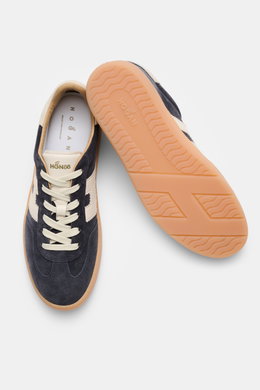 Hogan Sneaker 'Cool Allacciato' navy mit geschmeidigem Veloursleder und sieben-Loch-Schnürung, Ansicht von oben und Sohle mit Logo, Memory Foam Fußbett.