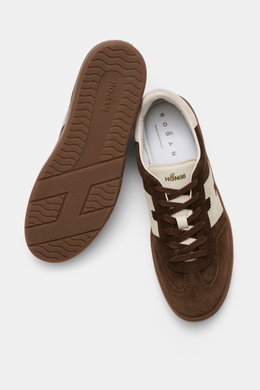 Hogan Sneaker 'Cool Allacciato' dunkelbraun/offwhite aus Veloursleder, Memory-Foam-Fußbett, sieben-Loch-Schnürung, Ansicht von oben und Sohle.
