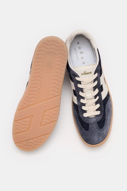 Top view of Hogan Sneaker 'Cool Allacciato' dark brown/off-white showing memory foam footbed, seven-hole lacing, supple suede leather, contrast overlays, logo tongue, high padded collar, H-shaped brand initial, leather and textile lining, and flexible rub