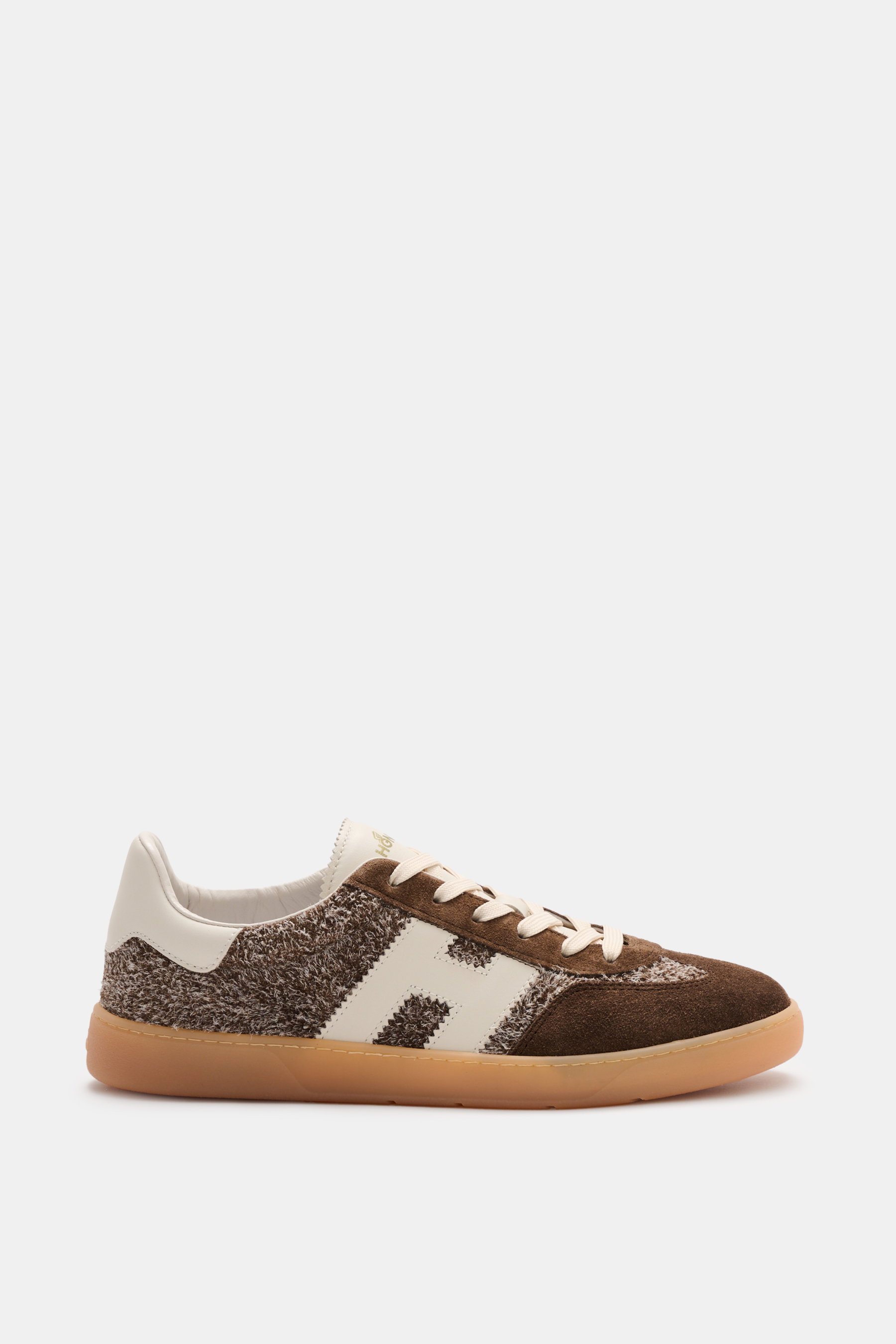 Hogan Sneaker 'Cool Allacciato' dark brown/off-white shown from the side, featuring supple suede leather, seven-hole lacing, contrast overlays, padded collar, H-shaped logo, leather/textile lining, memory foam footbed, and flexible rubber sole; walk like 