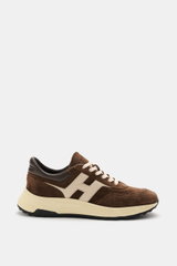 Hogan Sneaker 'Hyperlight Allacciato' braun/beige aus Veloursleder mit kontrastierenden Overlays, Memory-Foam-Sohle, sechs-Loch-Schnürung, Seitenansicht.