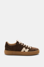 Hogan Sneaker 'Cool Allacciato' dunkelbraun/beige seitlich fotografiert, Veloursleder, sieben-Loch-Schnürung, gepolsterter Schaftrand, Memory-Foam-Fußbett.