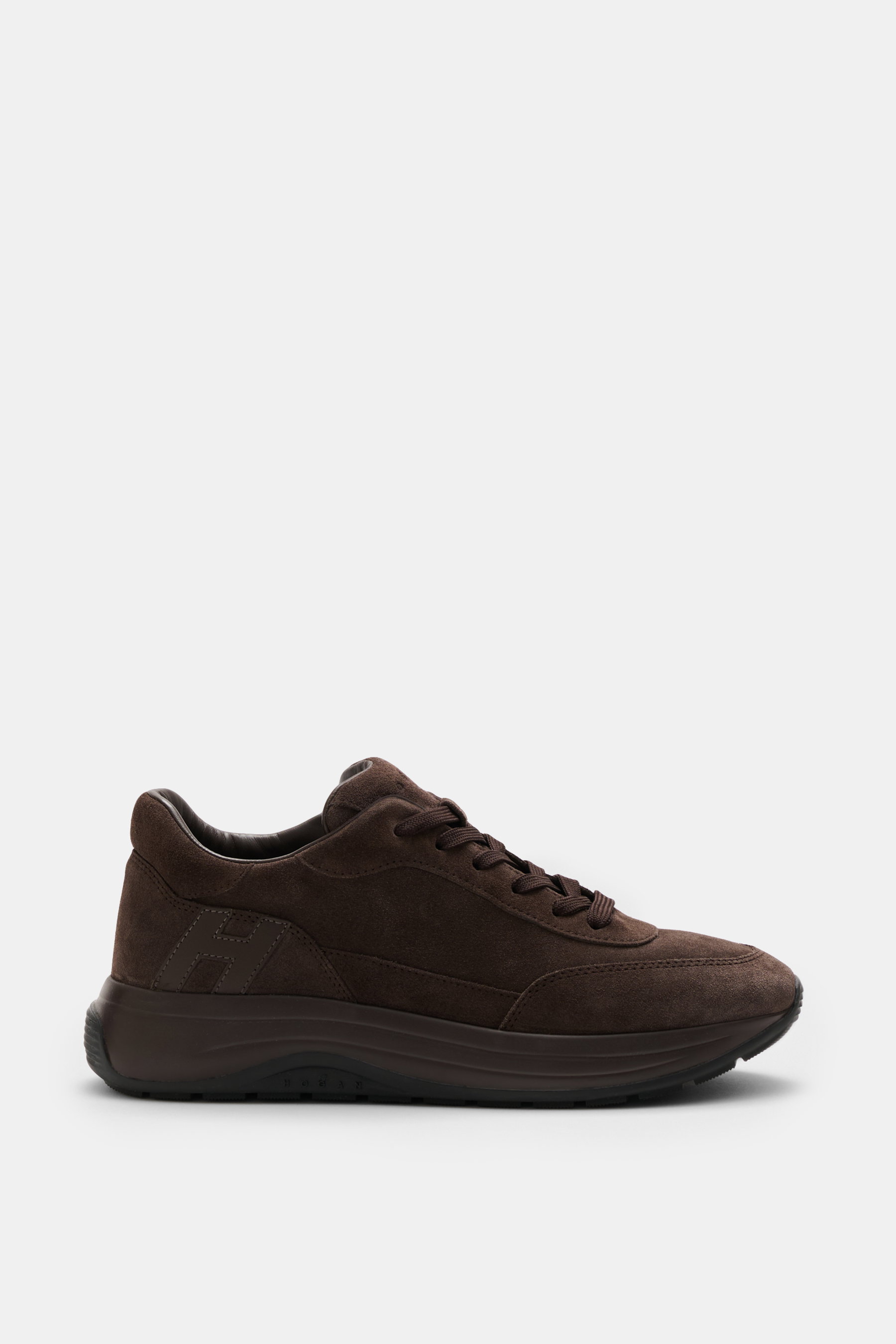 Hogan Sneaker 'Allacciato' dark brown shown from the side, noble suede leather, monochrome, round toe, six-hole lacing, padded collar, leather-textile lining, memory foam insole, reinforced high rubber sole for comfort.