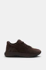Hogan Sneaker 'Allacciato' dunkelbraun aus edlem Veloursleder, monochrom, Memory-Foam-Fußbett, sechs-Loch-Schnürung, Seitenansicht rechts.