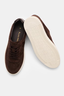 Filling Pieces Sneaker 'Mondo Suede' dunkelbraun, von oben fotografiert, zeigt Veloursleder, runde Vorderkappe, Schnürung, gepolsterten Schaftrand und gerippte Gummisohle.