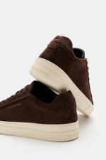 Rear and side view of the Filling Pieces Sneaker 'Tiebreak Suede' dark brown, a sporty all-rounder low-top sneaker in high-quality suede leather with round toe cap, seven-eyelet lacing, side logo embossing, padded collar, leather lining, and flexible rubb