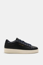Side view of Filling Pieces Sneaker 'Teabreak Waxed' navy in grained leather with round toe cap, seven-eyelet lacing, padded collar, side logo embossing, perforated leather lining, and rubber sole, showcasing versatility and clean design.