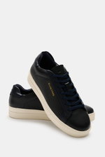 Filling Pieces Sneaker 'Teabreak Waxed' navy shown from a front side angle, featuring grained leather, round toe cap, seven-eyelet lacing, padded collar, side logo embossing, perforated leather lining, and rubber sole; versatile and clean design for casua