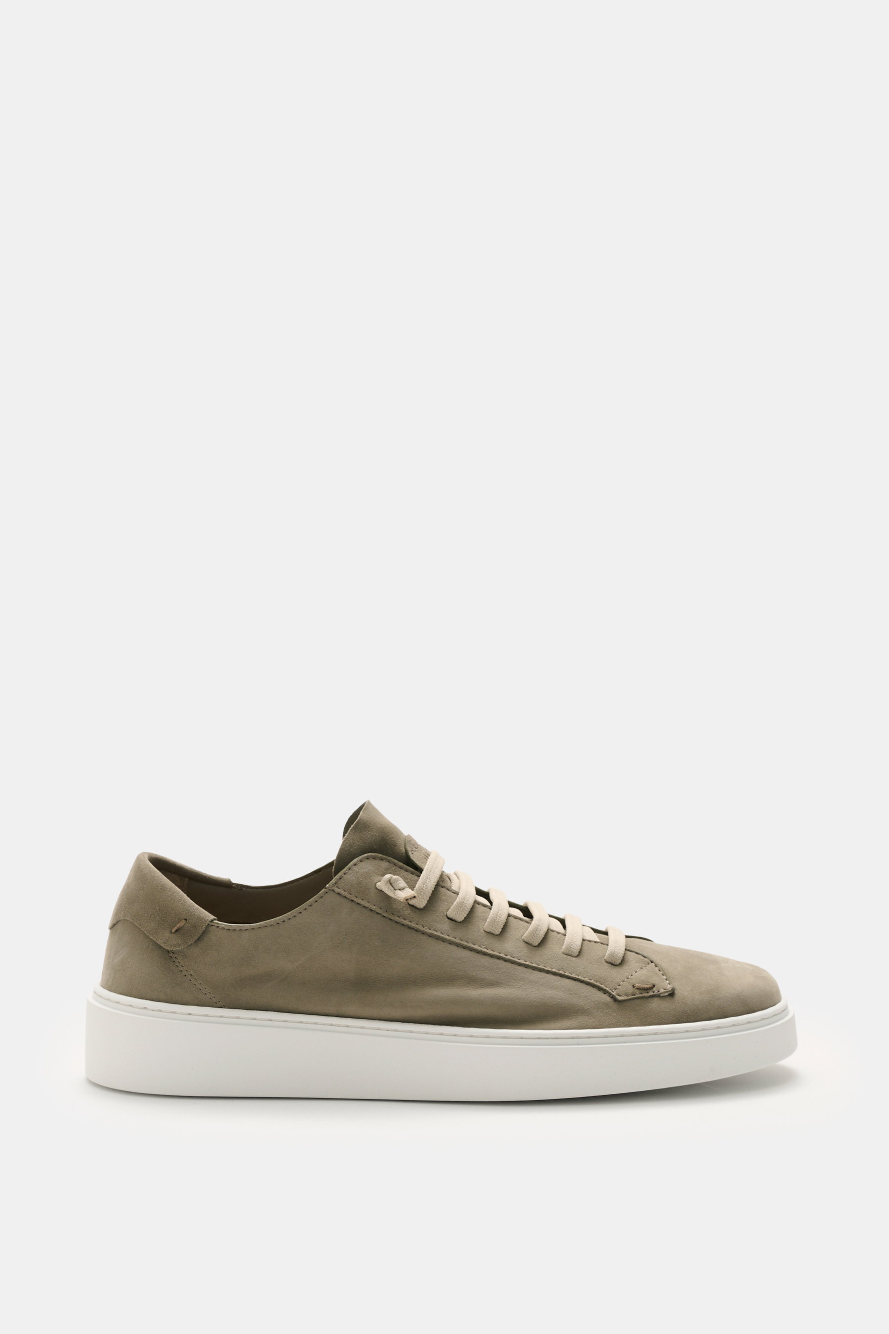 Side view of Fabiano Ricci Sneakers sage, relaxed soft suede with round toe, elastic lacing, lightweight sole, handmade in Italy.