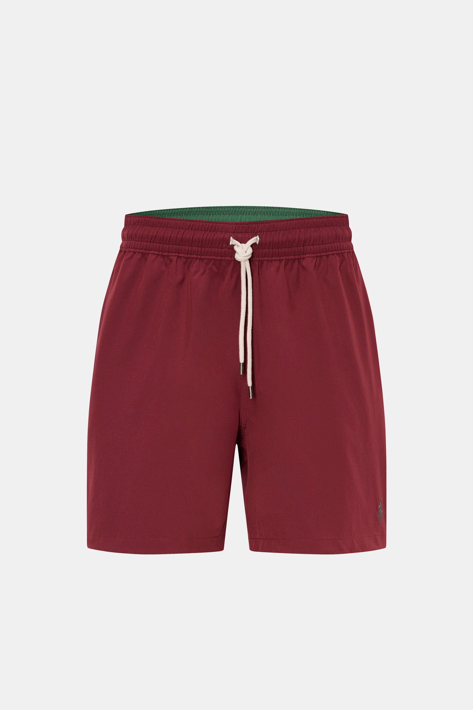 Polo Ralph Lauren Badeshorts 'Traveler' bordeaux, Frontansicht, Regular Fit, elastischer Bund mit Tunnelzug, schnelltrocknende Microfaser, Taschen seitlich, Gesäßtasche mit Patte, Mesh-Innenfutter, Logo-Stitching, ideal für Reisen in der Sonne.
