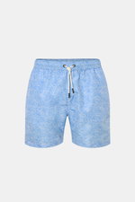 Front view of 04651/ A trip in a bag Badeshorts 'Seamap' blau/weiß gemustert made of quick-drying microfiber with elastic waistband, drawstring, side and back pockets, mesh lining, and short side slits. Perfect for sunny days by the water.