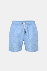 Front view of 04651/ A trip in a bag Badeshorts 'Seamap' blau/weiß gemustert made of quick-drying microfiber with elastic waistband, drawstring, side and back pockets, mesh lining, and short side slits. Perfect for sunny days by the water.