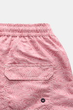 Close-up rear view of 04651/ A trip in a bag Badeshorts 'Seamap' hellrot/weiß gemustert with elastic waistband, back flap pocket, and quick-drying microfiber fabric.