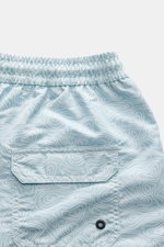 Close-up rear view of 04651/ A trip in a bag Badeshorts 'Seamap' mint/weiß gemustert showing elastic waistband, quick-dry microfiber, back flap pocket with vent hole, and contour map pattern.