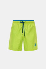 Vilebrequin Swim shorts 'Moka' neon green/teal shown from the front, featuring elastic waistband, drawstring, turtle stitching, pockets, and drainage eyelets. The swim shorts offer high-quality microfibre, a light touch, regular fit, mesh lining, and a VI