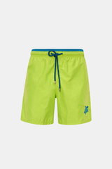 Vilebrequin Swim shorts 'Moka' neon green/teal shown from the front, featuring elastic waistband, drawstring, turtle stitching, pockets, and drainage eyelets. The swim shorts offer high-quality microfibre, a light touch, regular fit, mesh lining, and a VI