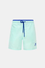 Vilebrequin Swim shorts 'Moka' mint green/dark blue shown from front, elastic waistband with drawstring, turtle stitching, side pockets, back pocket, drainage eyelets, high-quality microfibre, mesh lining, regular fit, lightweight and comfortable for beac