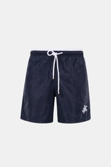 Front view of Vilebrequin Swim shorts 'Moka' navy in high-quality microfibre with elastic waistband, white drawstring, turtle stitching, and side pockets.