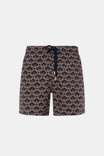 Vorne fotografierte Vilebrequin Badeshorts 'Moorise' dark navy/beige gemustert aus hochwertiger Microfaser mit elastischem Bund und Tunnelzug.