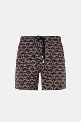Vorne fotografierte Vilebrequin Badeshorts 'Moorise' dark navy/beige gemustert aus hochwertiger Microfaser mit elastischem Bund und Tunnelzug.
