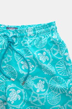 Vorderansicht der Vilebrequin Badeshorts 'Moorea' türkis/weiß gemustert aus hochwertiger Microfaser, Regular Fit mit elastischem Bund.