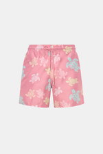 Vorne fotografierte Vilebrequin Badeshorts 'Moorea' rosé/mint/gelb gemustert aus hochwertiger, schnell trocknender Microfaser mit elastischem Bund.