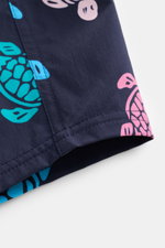 Vilebrequin Badeshorts 'Moorea' navy/blau/rosé gemustert, Detailaufnahme Saum und Print, hochwertige Microfaser, Regular Fit, elastischer Bund