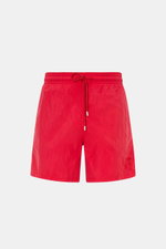 Vilebrequin Swim shorts 'Moorea Magic' red, front view, high-quality microfibre, elastic waistband, drawstring, side and back pockets, water-reactive pattern.