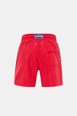 Rear view of Vilebrequin Swim shorts 'Moorea Magic' red, made of high-quality microfibre that changes color in water, with elastic waistband, side and back pockets, drainage eyelets, and tonal turtle stitching.