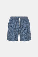 Front view of 04651/ A trip in a bag Swim shorts 'Seamap' navy/white patterned with quick-drying microfibre, elasticated waistband, drawstring, side and back pockets, mesh lining, and short hem vents.