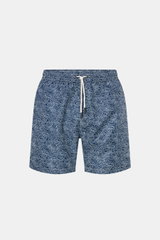 Front view of 04651/ A trip in a bag Swim shorts 'Seamap' navy/white patterned with quick-drying microfibre, elasticated waistband, drawstring, side and back pockets, mesh lining, and short hem vents.