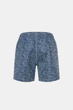 Rear view of 04651/ A trip in a bag Swim shorts 'Seamap' navy/white patterned with quick-drying microfiber, nautical chart print, elastic waistband, side and back pockets, mesh lining, and hem vents.