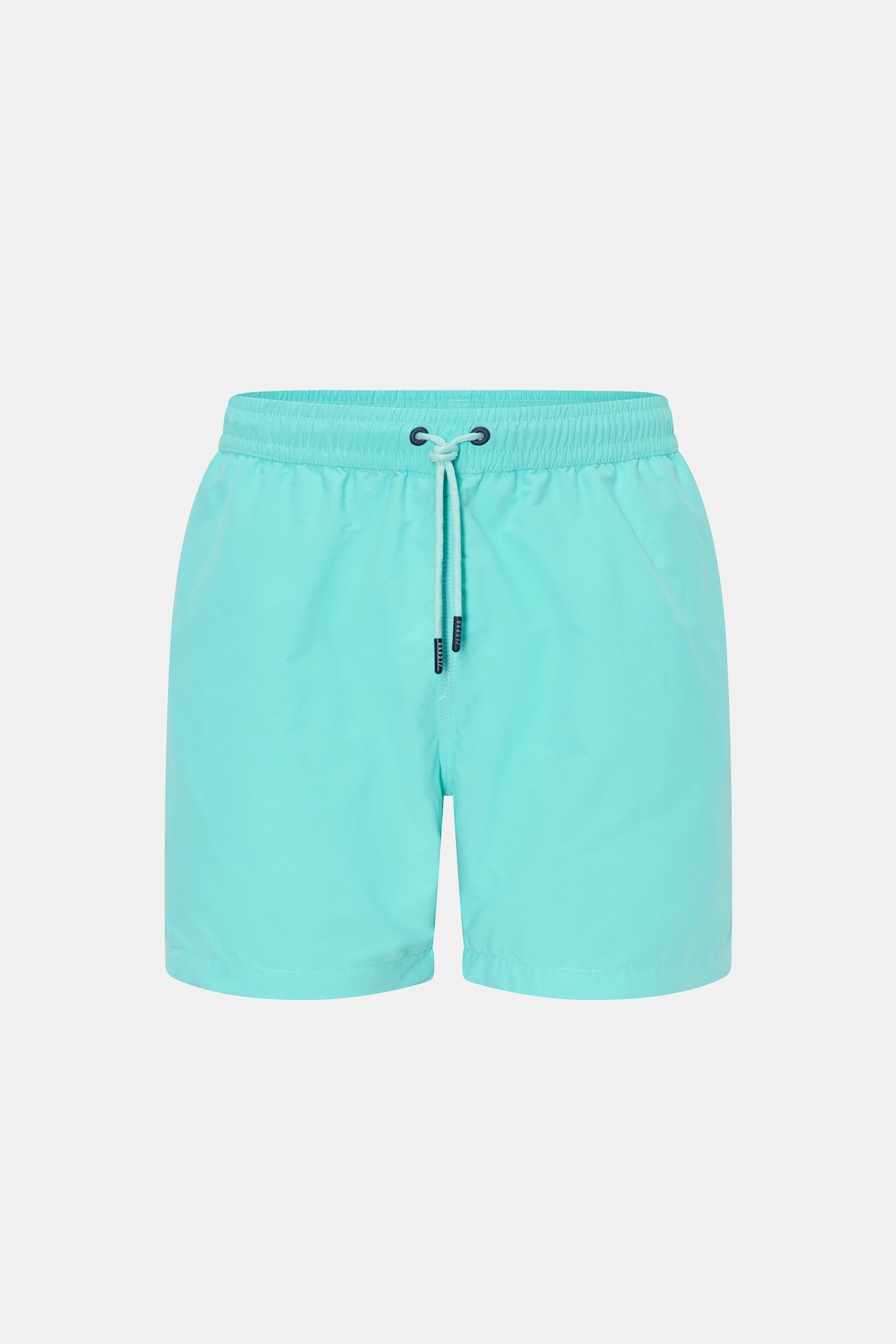 04651/ A trip in a bag Badeshorts 'Plain Swim' türkis, Frontansicht, schnelltrocknende Microfaser, Bund mit Tunnelzug, Regular Fit, Taschen seitlich und hinten mit Klettverschluss.