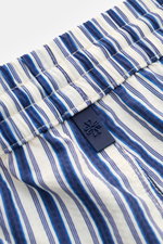 Jacob Cohen Badeshorts navy/weiß gestreift aus Microfaser mit elastischem Bund und Tunnelzug, Detailaufnahme von oben schräg.
