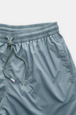 Fedeli Badeshorts 'Madeira Airstop' rauchblau, Nahaufnahme von oben mit Elastikbund, Tunnelzug, Taschen, Mesh-Innenfutter, Regular Fit, schnelltrocknend.