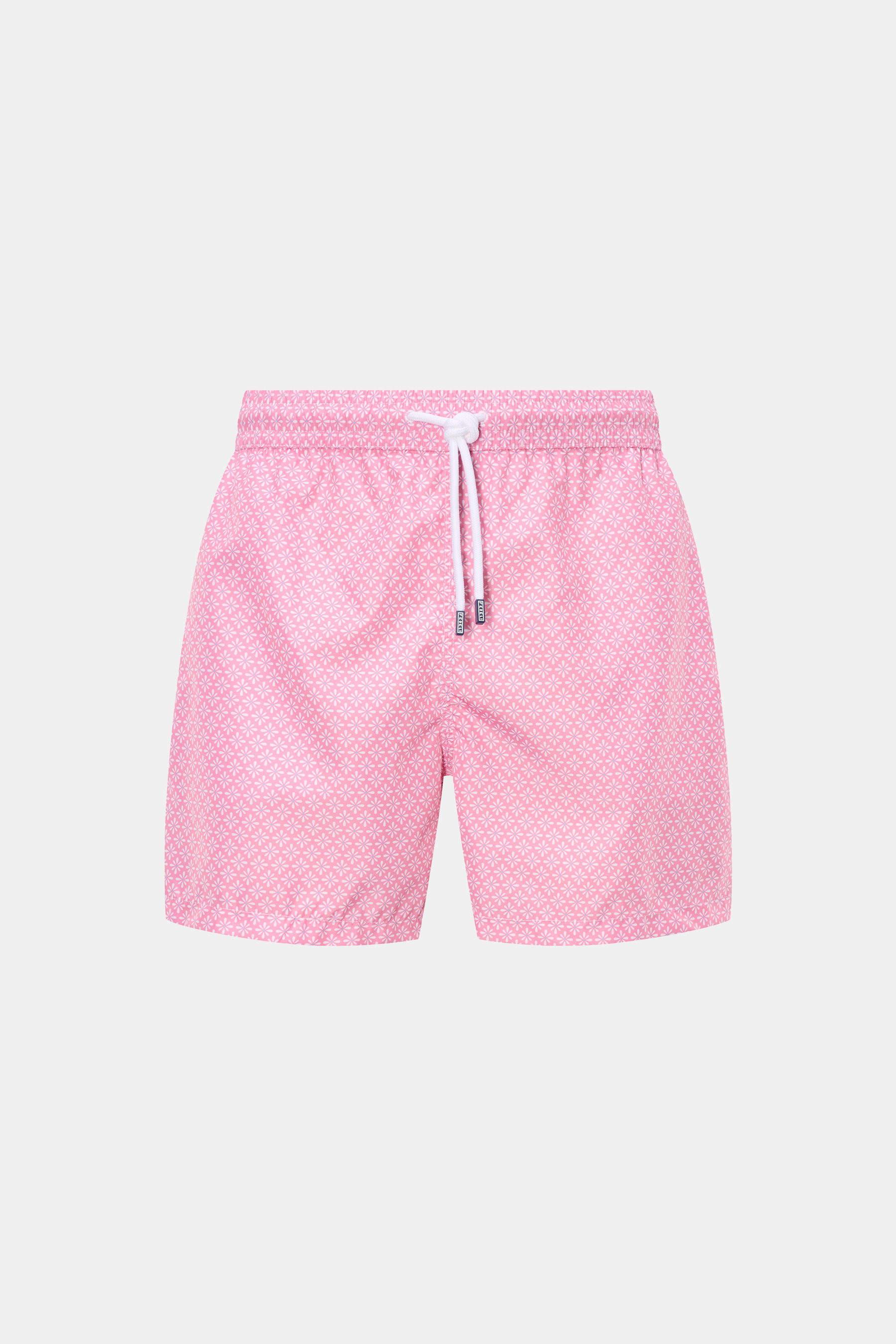 Fedeli Badeshorts "Madeira Airstop" rosé/weiß gemustert, frontale Nahaufnahme, recycelte Microfaser, schnelltrocknend, florales Muster, elastischer Bund mit Tunnelzug, Regular Fit.