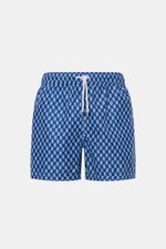Frontansicht der Fedeli Badeshorts 'Madeira Airstop' dunkelblau/blau/weiß gemustert mit elastischem Bund, Tunnelzug, seitlichen Taschen und schnelltrocknender Microfaser.