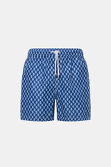 Frontansicht der Fedeli Badeshorts 'Madeira Airstop' dunkelblau/blau/weiß gemustert mit elastischem Bund, Tunnelzug, seitlichen Taschen und schnelltrocknender Microfaser.