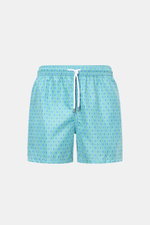 Fedeli Badeshorts 'Madeira Airstop' türkis/blau/weiß gemustert, Frontansicht, Regular Fit, elastischer Bund, schnelltrocknend, recycelte Microfaser.