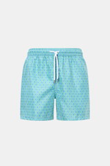 Fedeli Badeshorts 'Madeira Airstop' türkis/blau/weiß gemustert, Frontansicht, Regular Fit, elastischer Bund, schnelltrocknend, recycelte Microfaser.