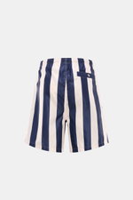 Rear view of Ami Paris Badeshorts navy/weiß gestreift with vertical stripes, elastic waistband, side and back pockets, smooth microfiber.

Description: <p>Lässig durch die warme Saison: Mit den Badeshorts von AMI PARIS überzeugen Sie mit französischem Loo