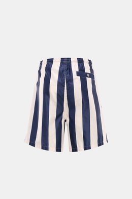 Rear view of Ami Paris Badeshorts navy/weiß gestreift with vertical stripes, elastic waistband, side and back pockets, smooth microfiber.

Description: <p>Lässig durch die warme Saison: Mit den Badeshorts von AMI PARIS überzeugen Sie mit französischem Loo
