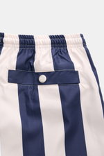 Close-up rear view of Ami Paris Badeshorts navy/weiß gestreift showing elastic waistband, back pocket with button, and vertical stripes.

<p>Lässig durch die warme Saison: Mit den Badeshorts von AMI PARIS überzeugen Sie mit französischem Look und genießen