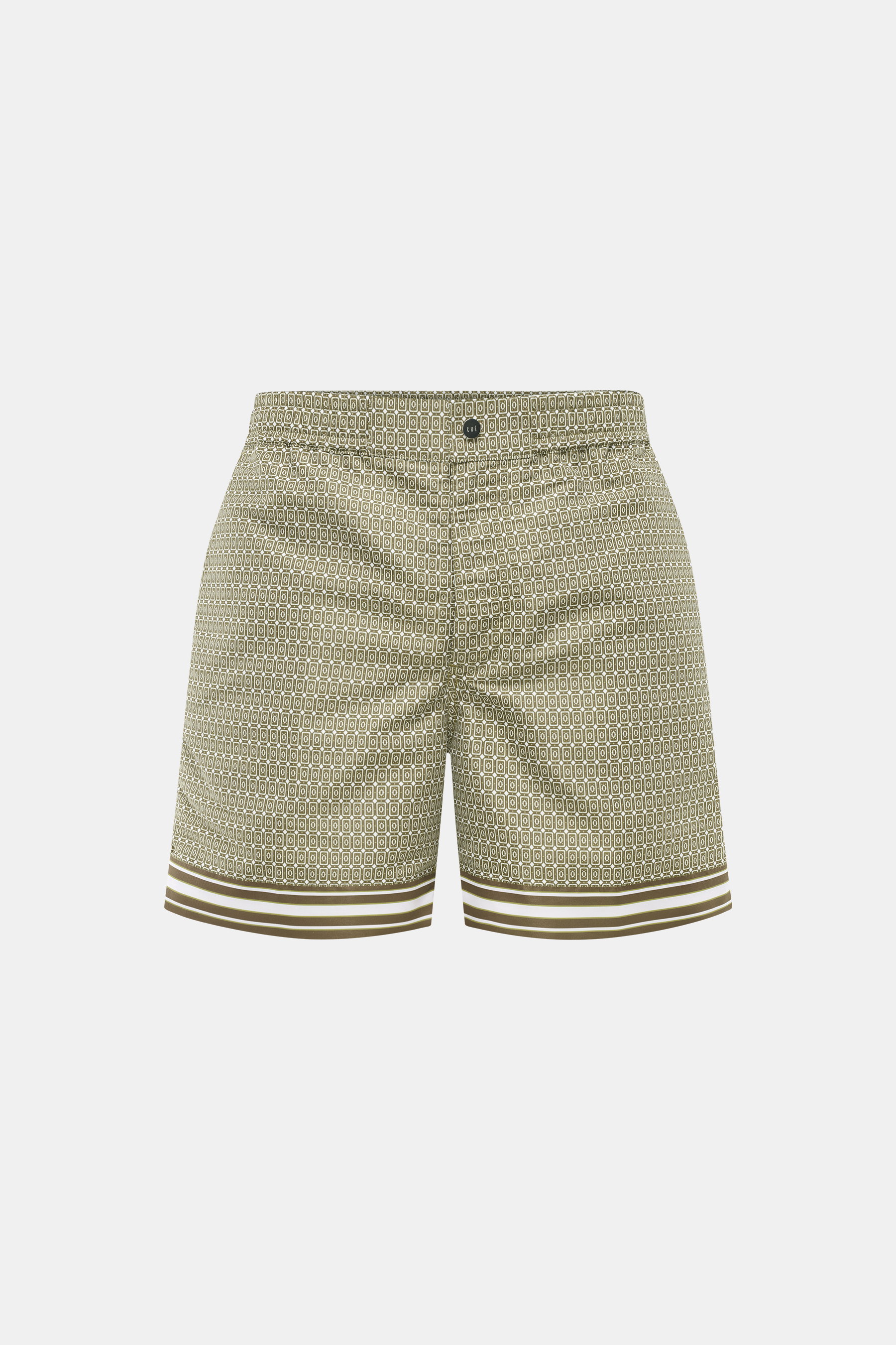 Frontansicht der Ché Badeshorts 'Lucena' grün/braun gemustert mit ornamentalem Print, elastischem Bund, Reißverschluss, französischen Taschen und Mesh-Innenfutter.